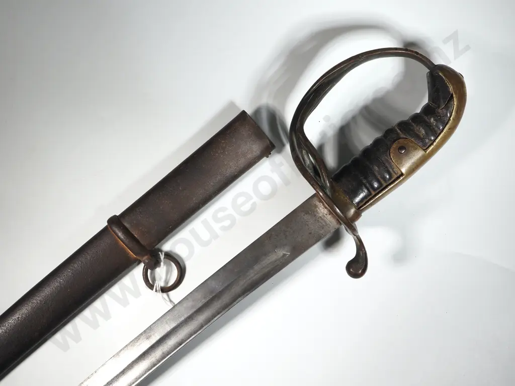 large Curved Sword w Metal Scabbard w Dents. Damage to Hand-guard. Image 1++