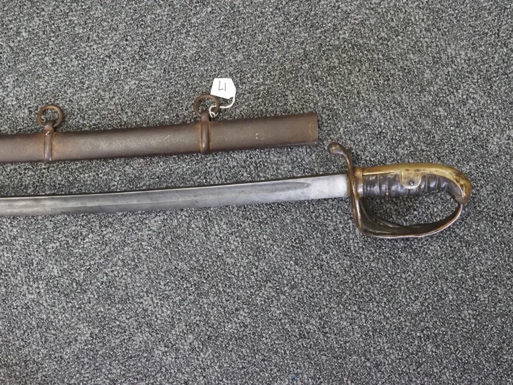 large Curved Sword w Metal Scabbard w Dents. Damage to Hand-guard. Image 1++