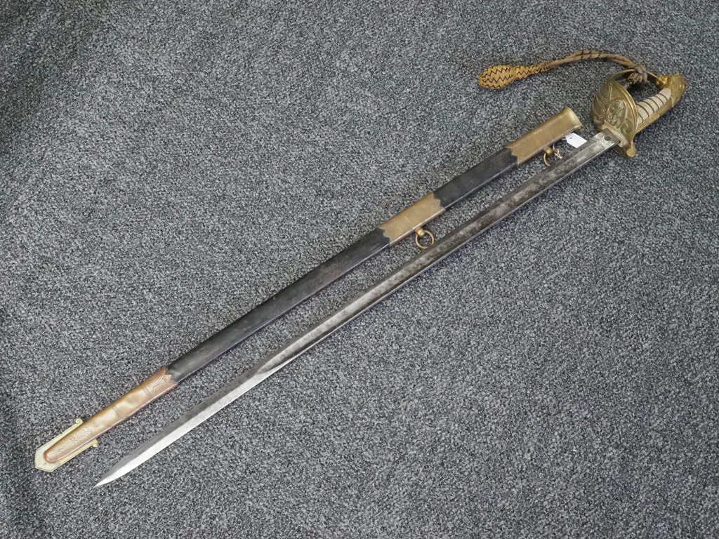1827 Pattern Naval Sword w Leather Scabbard & Sword Knot.  Manufactured by J.Friedeberg, Portsea. Image 1++