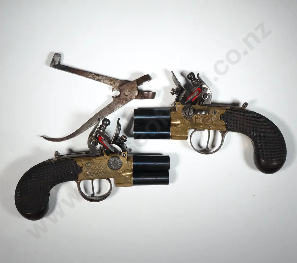 Pair of Double Barrel 80 Bore Flintlock Taplock Pistols w Birmingham Proof Marks 1805-1815 - w Bullet Mould Image 1++