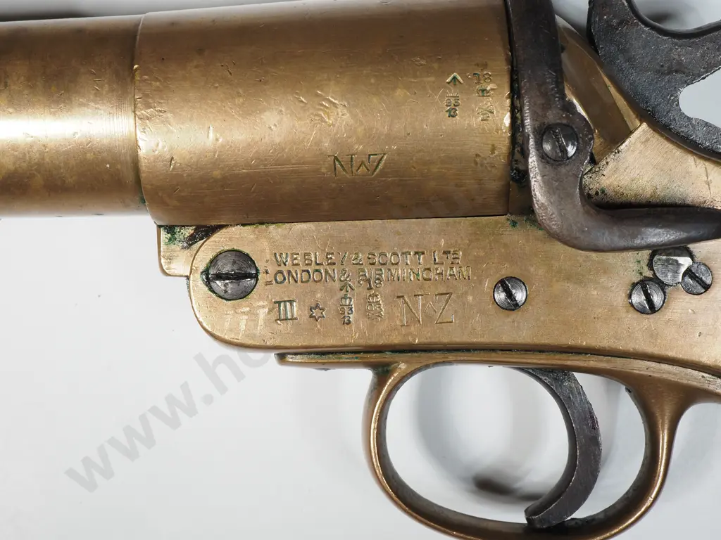New Zealand Marked Mk III Webley & Scott 1 Inch Flare Pistol w Bell Mouth - Dated 1918  Image 1++