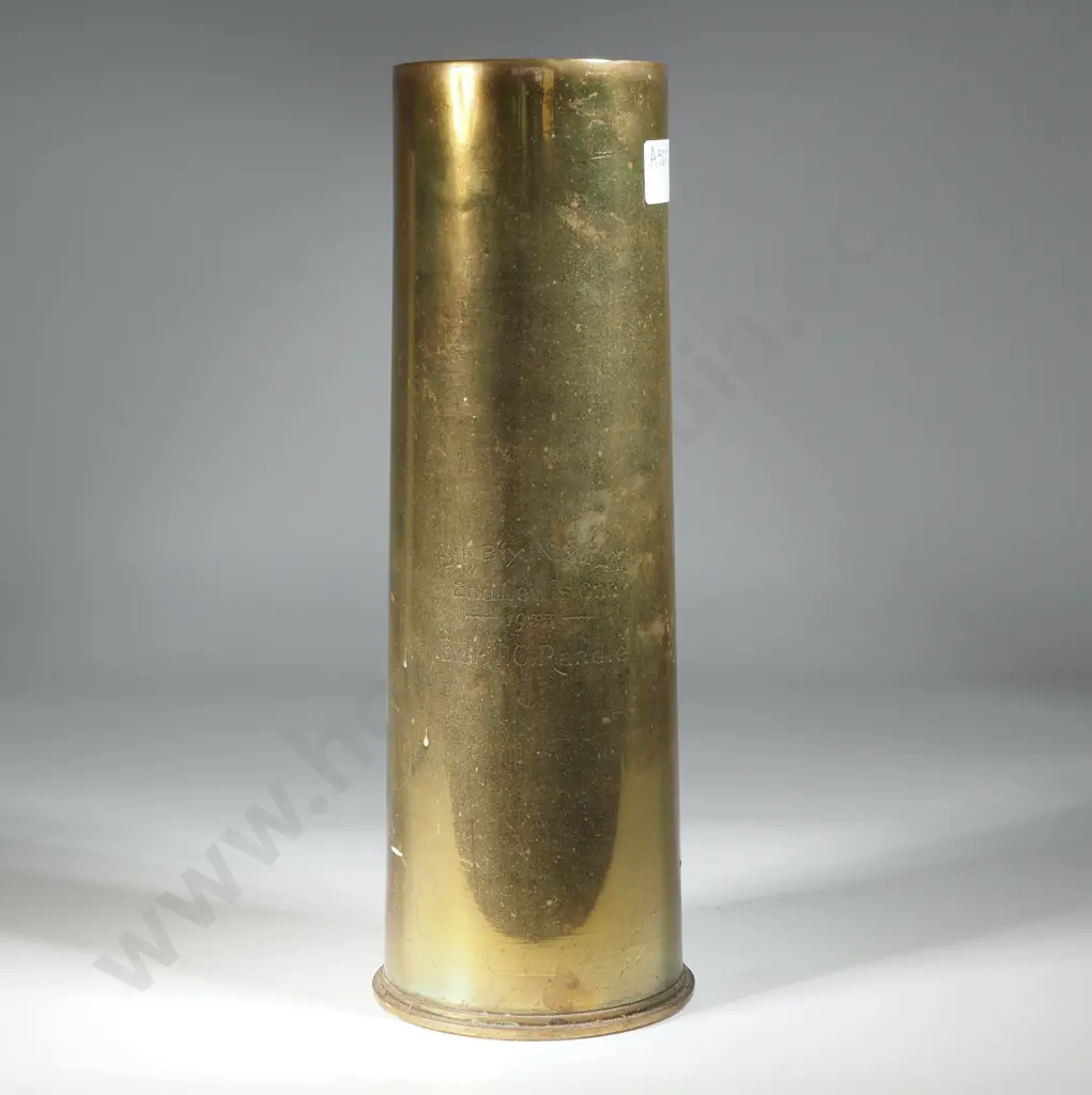 Trophy 18 Pounder Cartridge inscribed 12th Battery NZFA 2nd Lewis Gunner 1933 Image 1++