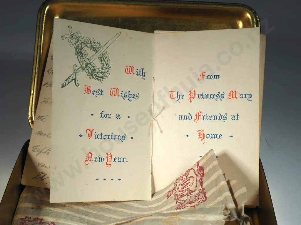 1914 Princess Mary Gift Tin w Original Pencil / Christmas Card & Segment of Tissue Paper  Image 1++