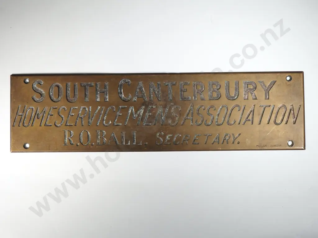 Brass Door Sign "South Canterbury Homeservicemen's Association R.O .Ball Secretary - Moller Dunedin Image 1++
