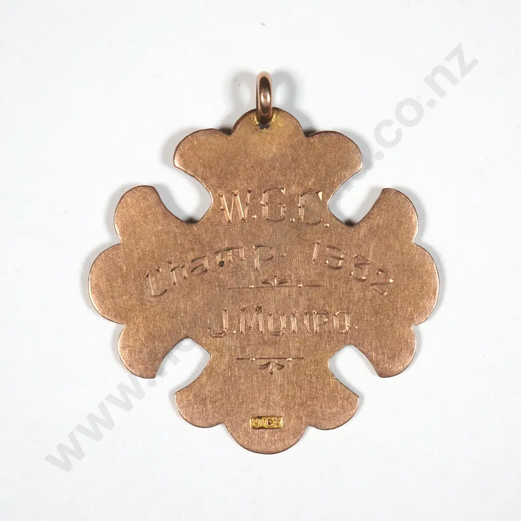 9ct Gold Fob Medal W.G.C. Champion 1932 - J. Munro. Image 1++