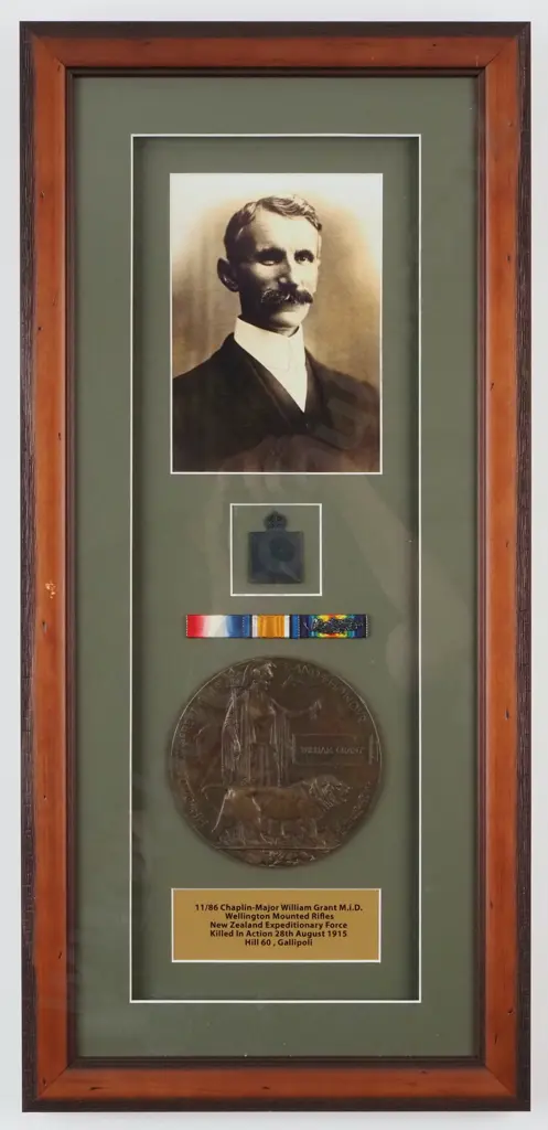 Framed WW1 Death Plaque to William Grant - Chaplain Major William Grant was KIA 28 August 1915 & MID - Image 1++