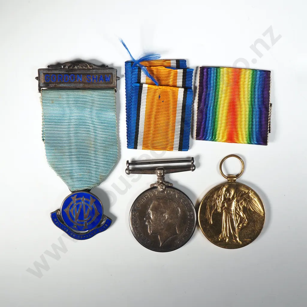 WW1 NZEF Medal Pair to 4/1842 W T Shaw & Sterling Silver Wellington Orphans Club Medal  Image 1++