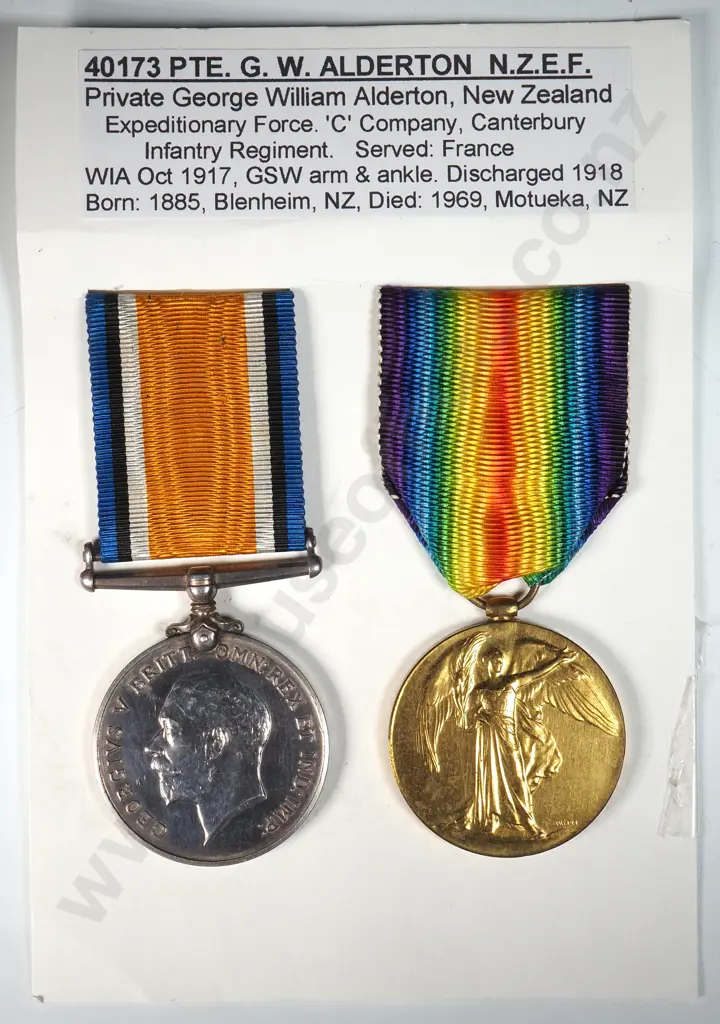 WW1 Pair to 40173 Pte G W Alderton NZEF - WIA Oct 1917  Image 1++