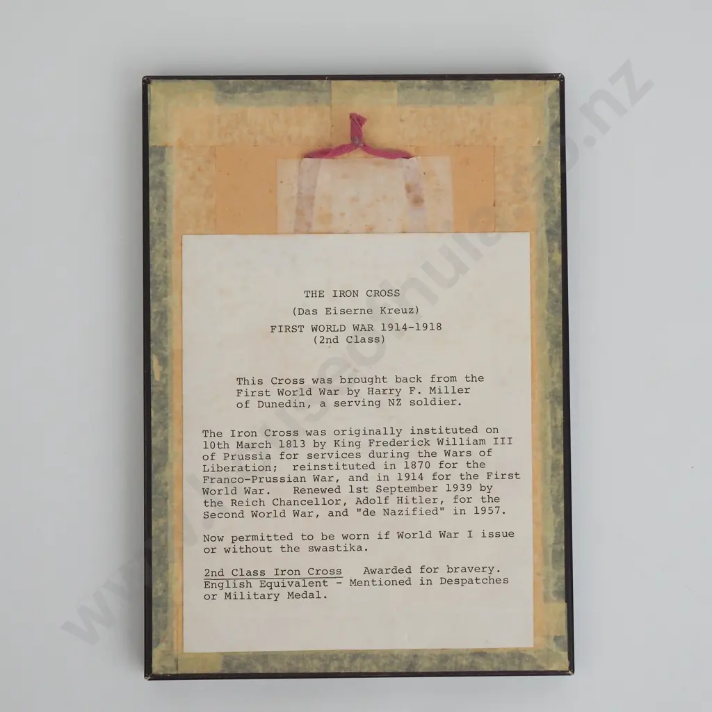 WW1 German Iron Cross in Presentation Frame w Typed Letter of Provenance on Reverse - Purported Vet Bring Back Image 1++