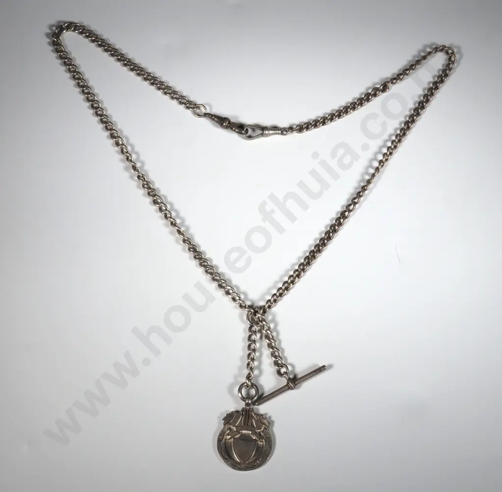 Sterling Silver Watch Chain with T Bar & Medallion . The Medallion with a Cricket Theme & Unmarked Cartouche Image 1++