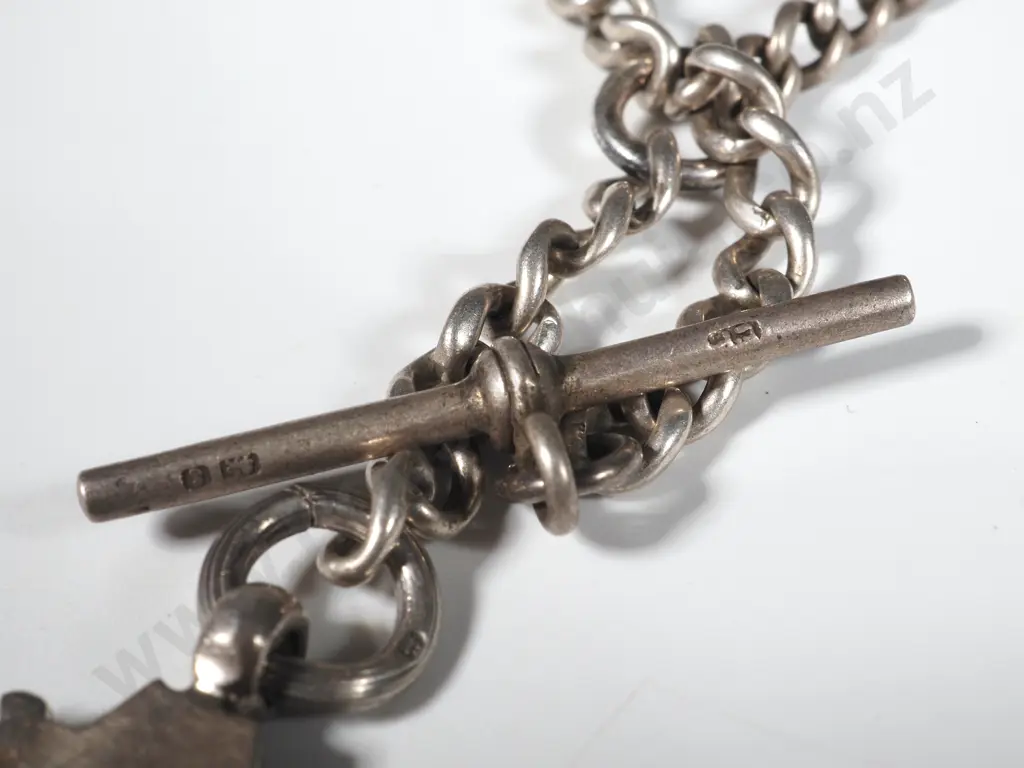 Sterling Silver Watch Chain with T Bar & Medallion . The Medallion with a Cricket Theme & Unmarked Cartouche Image 1++