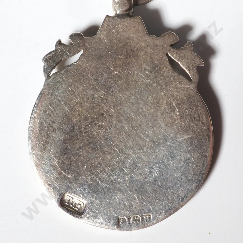 Sterling Silver Watch Chain with T Bar & Medallion . The Medallion with a Cricket Theme & Unmarked Cartouche Image 1++