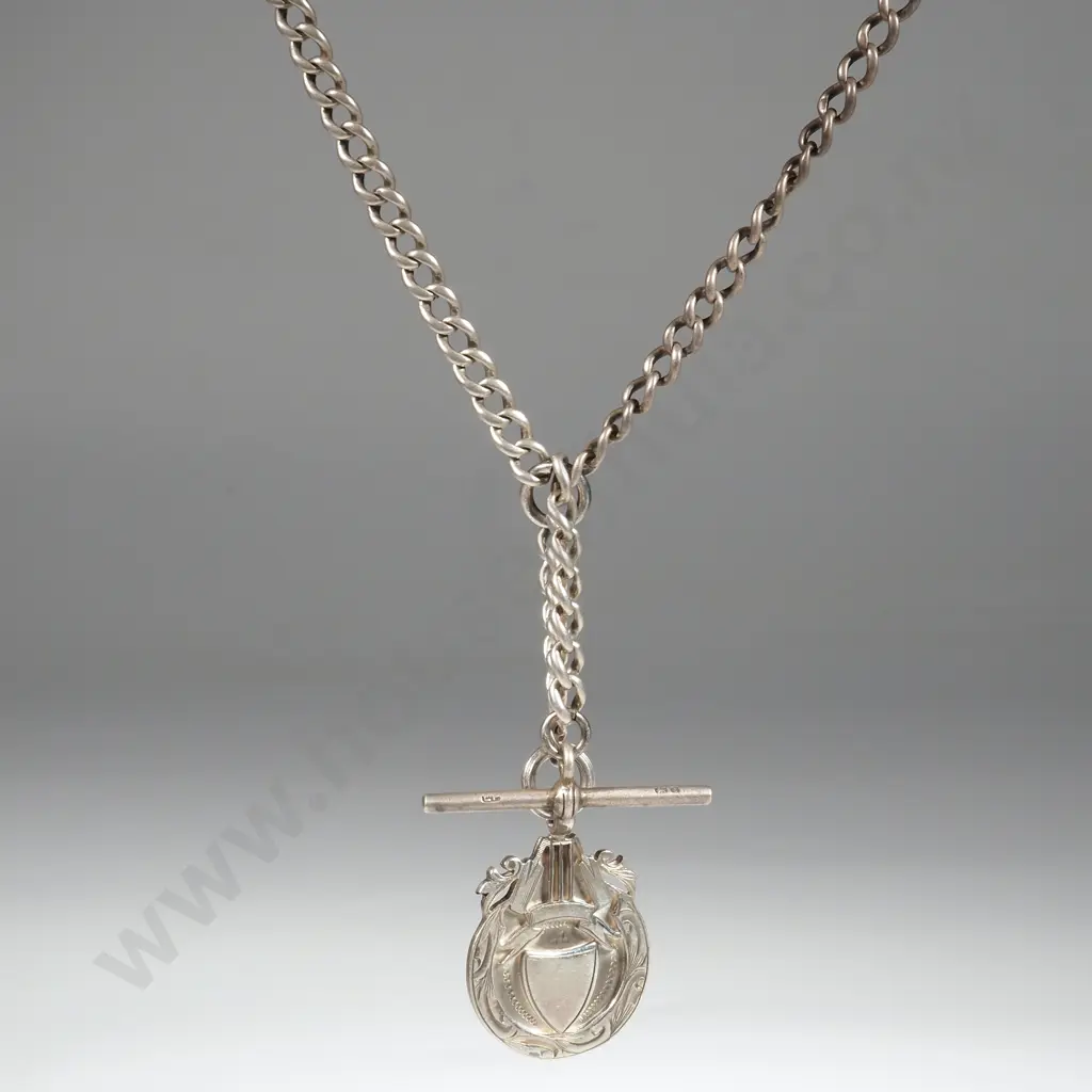 Sterling Silver Watch Chain with T Bar & Medallion . The Medallion with a Cricket Theme & Unmarked Cartouche Image 1++