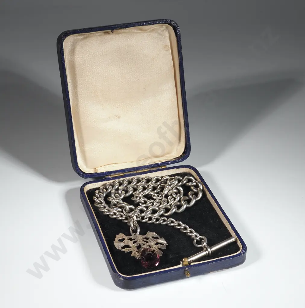 Antique Sterling Silver Fob Chain w Scottish Thistle Pendant - Hallmarked Every Link Image 1++