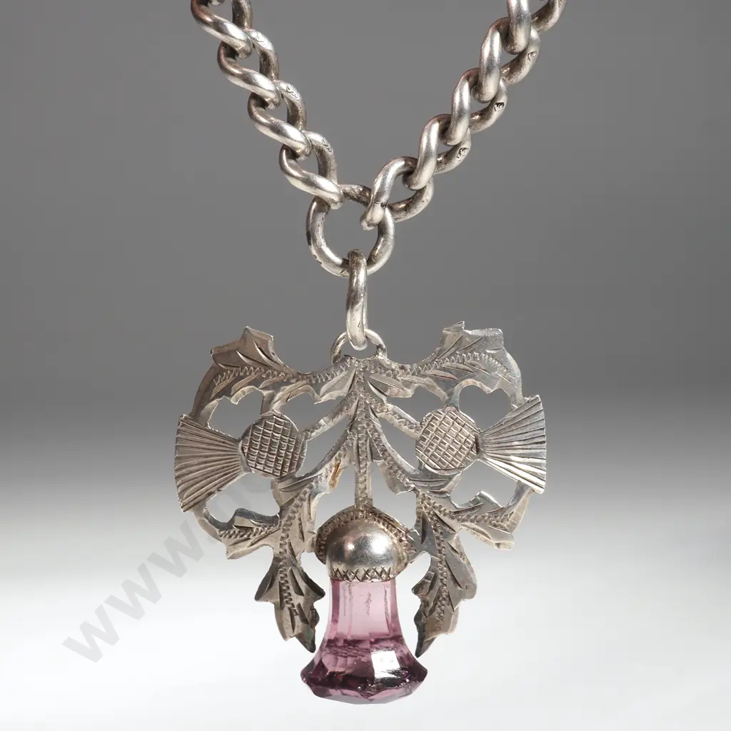Antique Sterling Silver Fob Chain w Scottish Thistle Pendant - Hallmarked Every Link Image 1++