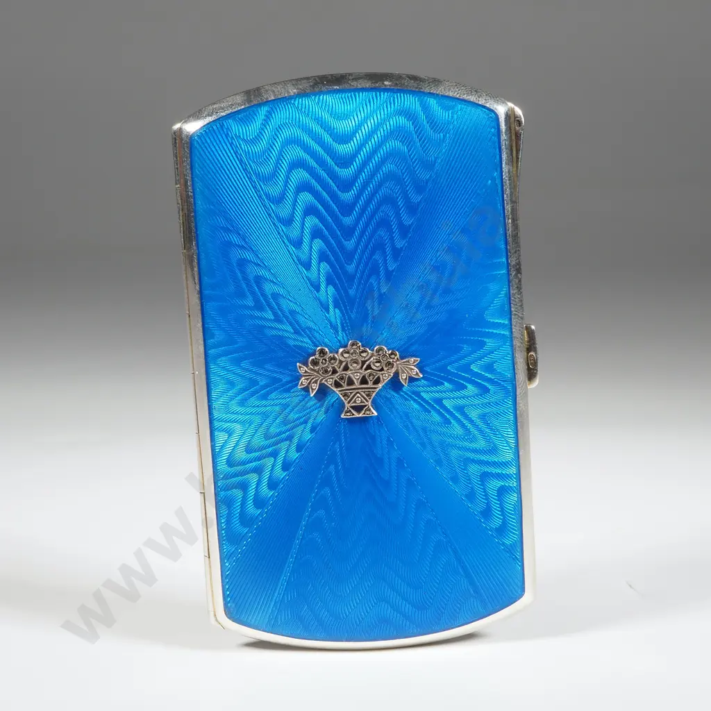 Blue Sterling Silver & Guilloche Enamel  Cigarette Case with Marcasite Basket Decoration. Import Marks For Glasgow 1926 Image 1++