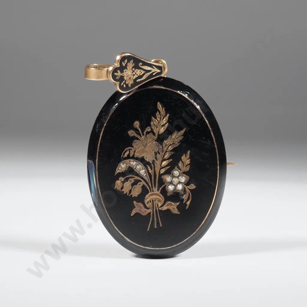 Antique Enamel Gold Mounted w Seed Pearls Mourning Brooch Image 1++