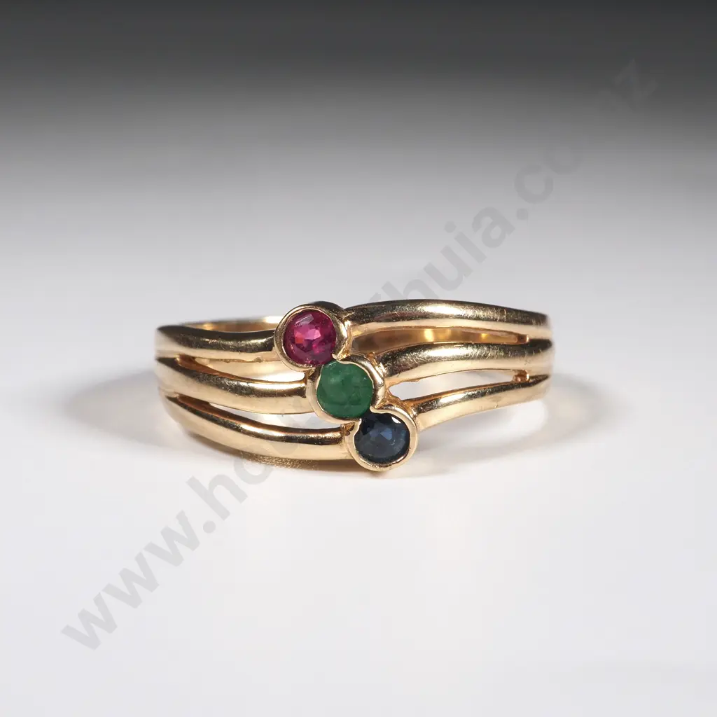 9ct Gold & Angle Set With Three Coloured Stones (Red, Green & Blue) Image 1++