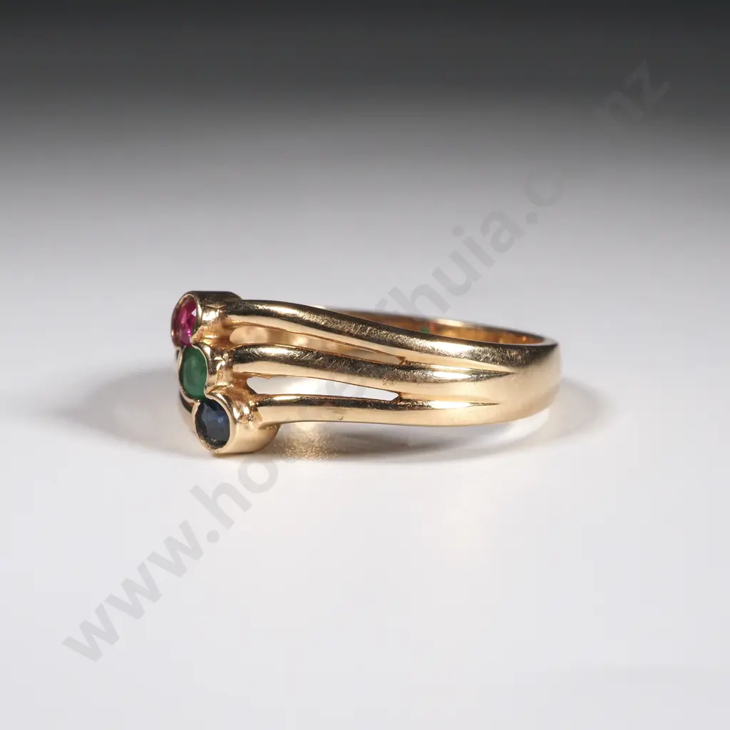 9ct Gold & Angle Set With Three Coloured Stones (Red, Green & Blue) Image 1++