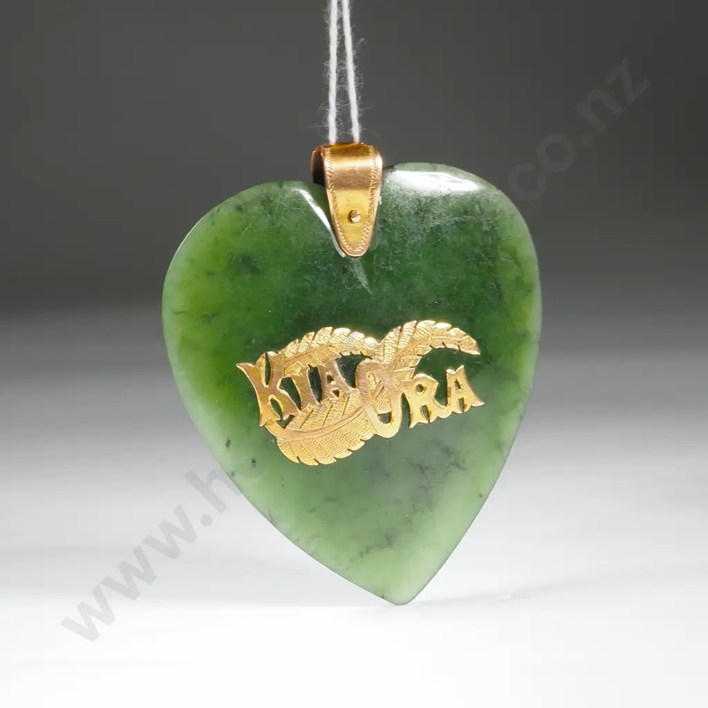 Large Greenstone Heart Pendant with Applied Gold Ferns & KiaOra  Image 1++