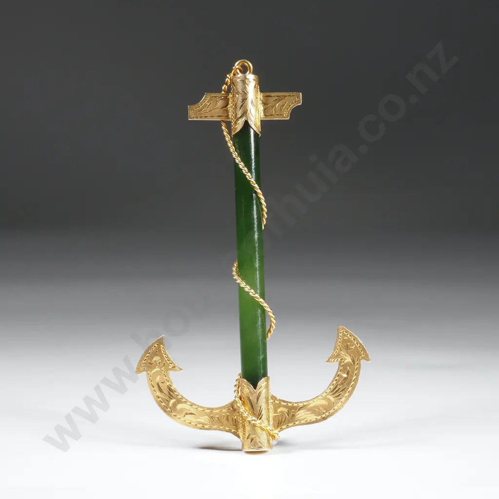 Greenstone & Engraved 9ct Gold Anchor Brooch. Marked R. Bros Image 1++