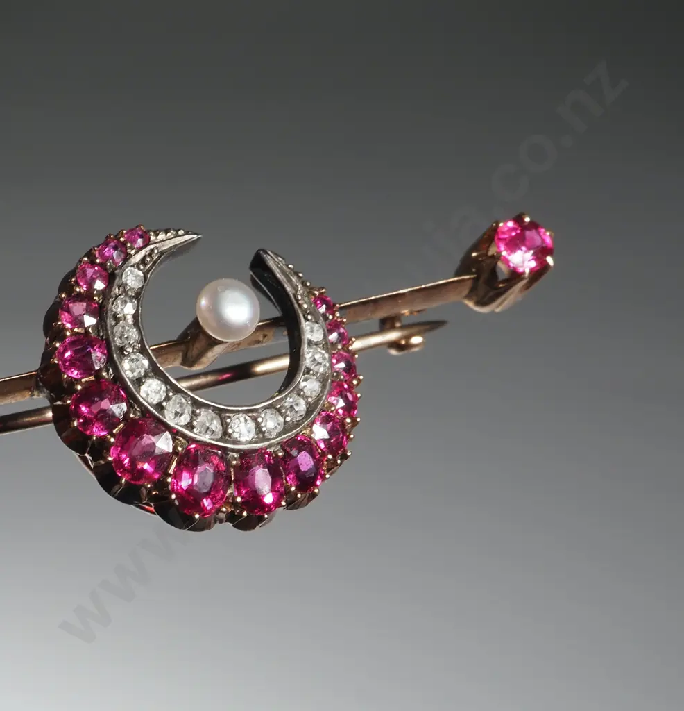Crescent Red Stone, Diamond & Pearl Crescent Shaped Bar Brooch Image 1++