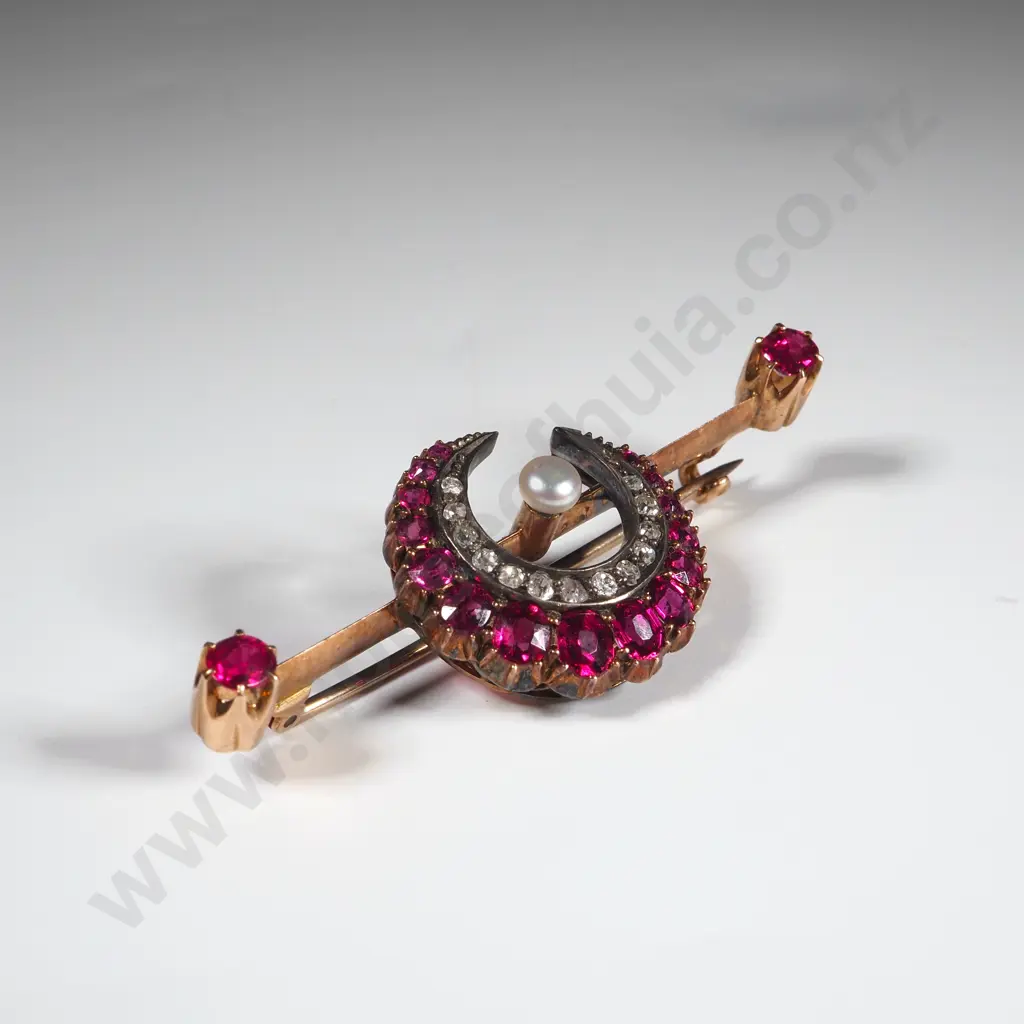 Crescent Red Stone, Diamond & Pearl Crescent Shaped Bar Brooch Image 1++