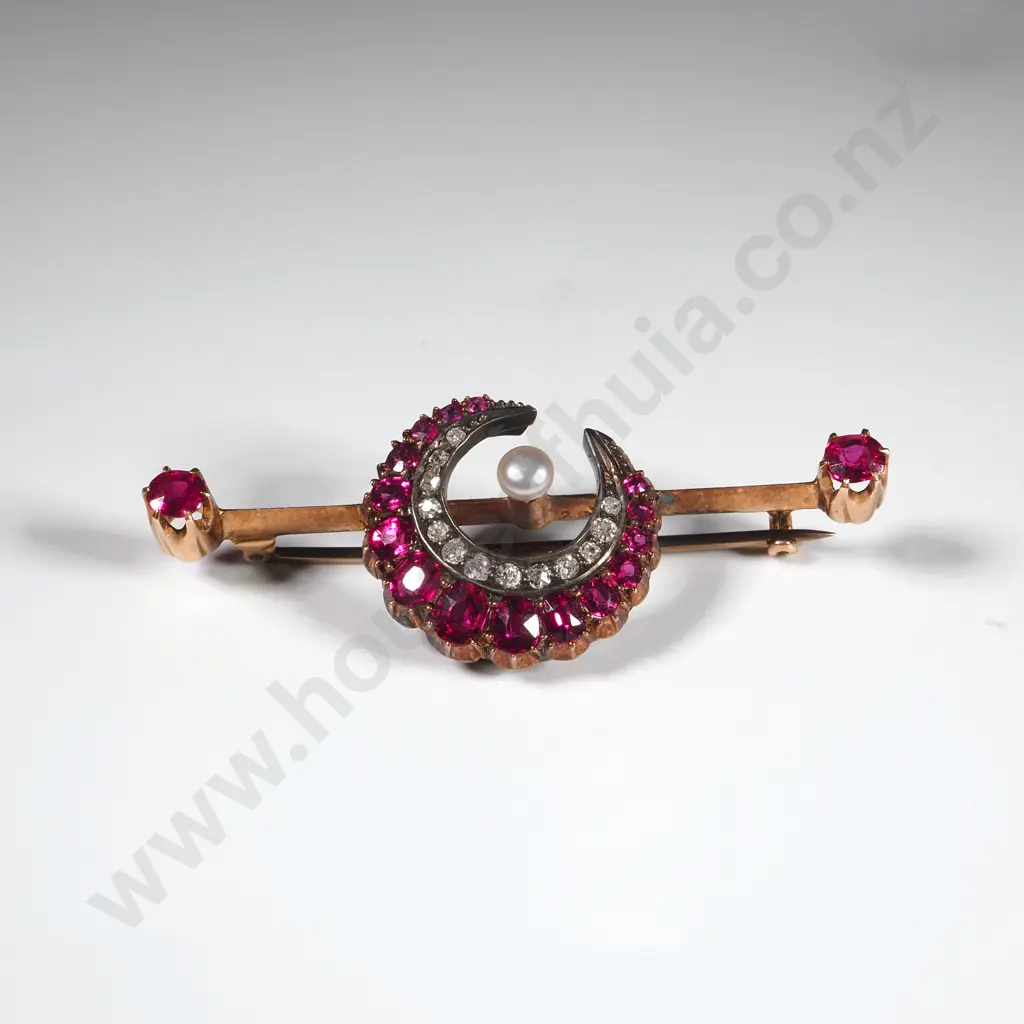 Crescent Red Stone, Diamond & Pearl Crescent Shaped Bar Brooch Image 1++