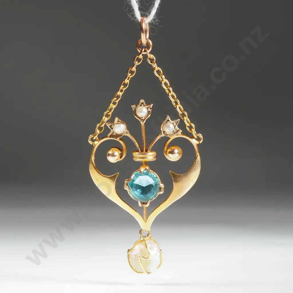 9ct Gold Art Nouveau Blue Stone & Seed Pearl Pendant Image 1++