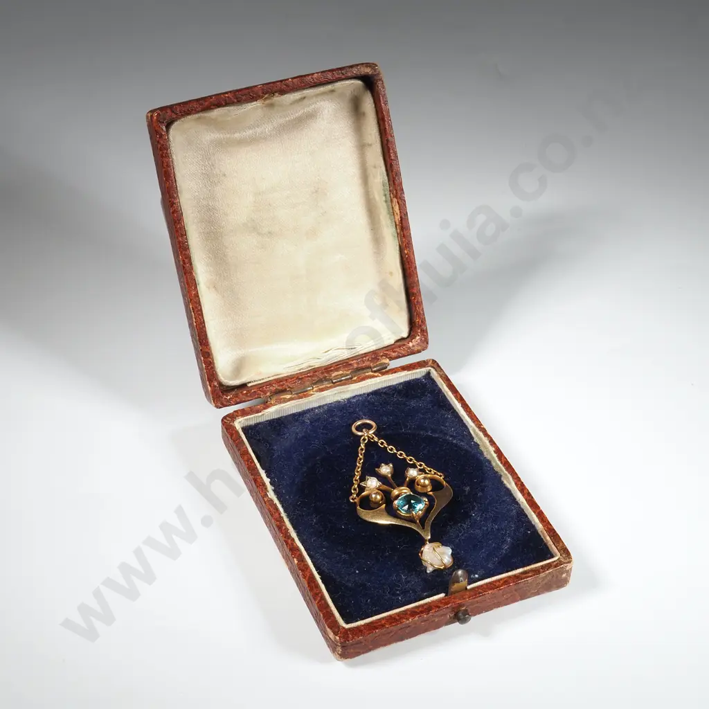 9ct Gold Art Nouveau Blue Stone & Seed Pearl Pendant Image 1++