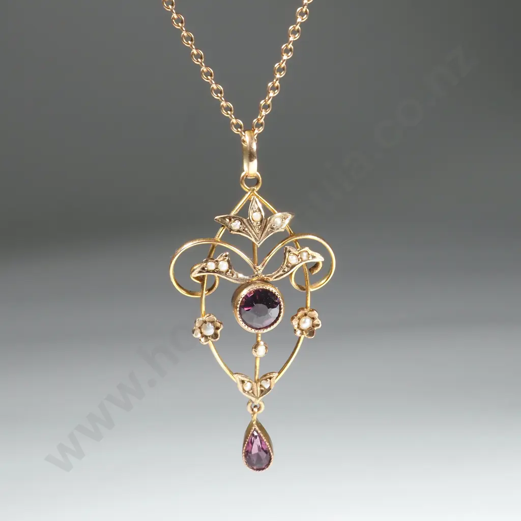 9ct Gold Edwardian Amethyst & Seed Pearl Necklace On Chain Image 1++