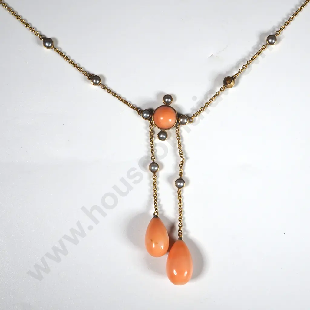 9ct Edwardian Coral & Seed Pearl Negligee Necklace Image 1++
