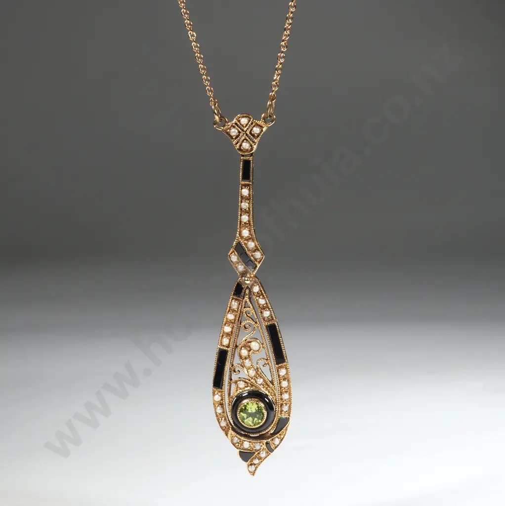 9ct Edwardian Enamel, Peridot & Seed Pearl Pendant Image 1++