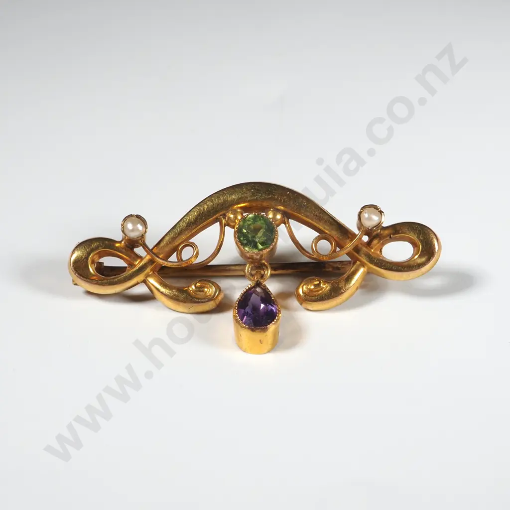 Antique 9ct Gold Amethyst Seed Pearl & Peridot Brooch Image 1++