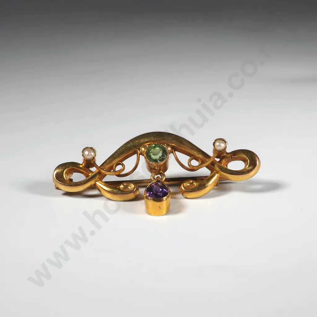 Antique 9ct Gold Amethyst Seed Pearl & Peridot Brooch Image 1++