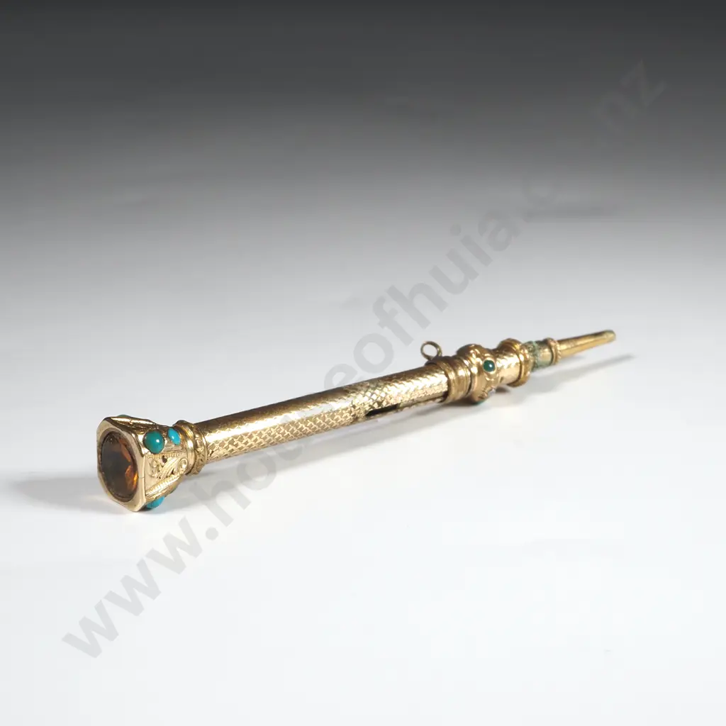 Antique Rolled Gold Propelling Pencil With Seal End & Set With Turquoise Image 1++