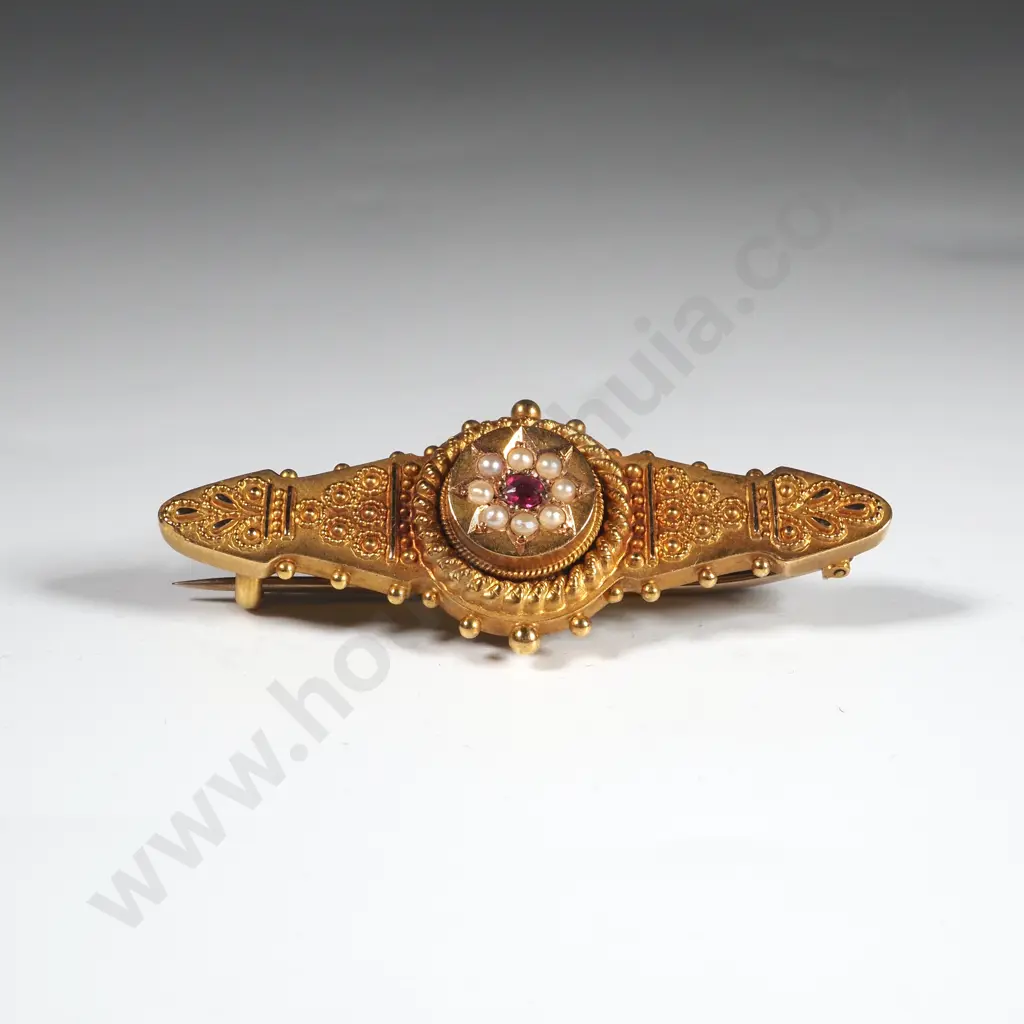 Antique 15ct Gold, Garnet & Seed Pearl Brooch w English Hallmarks in Period Case Image 1++