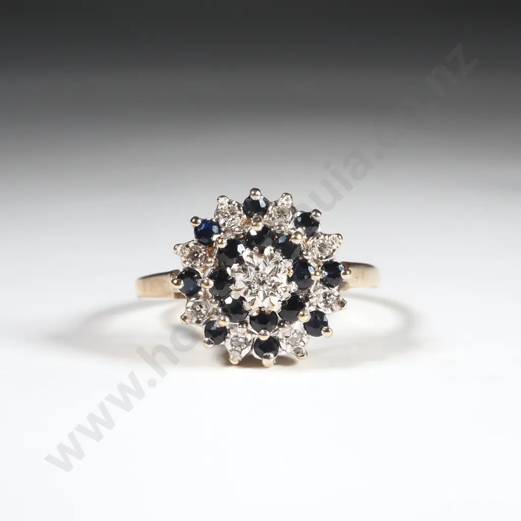 9ct Gold, Diamond & Sapphire Cluster Ring Image 1++