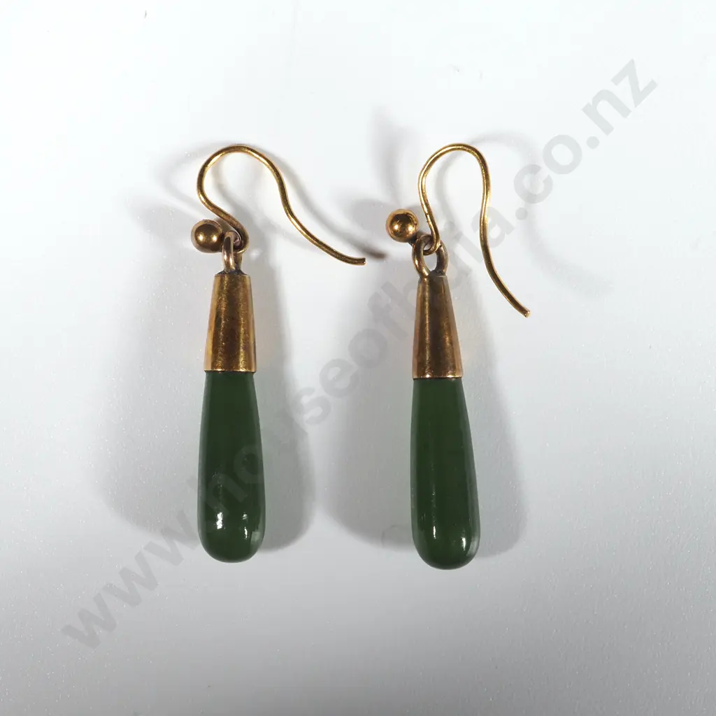 Pair Of 9ct Gold & Greenstone Drop Earrings Image 1++