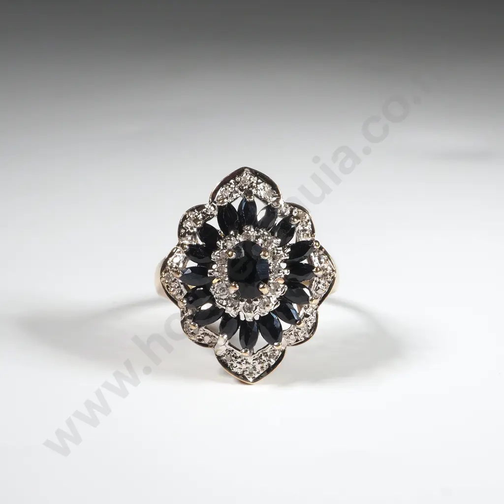 9ct Yellow Gold Three Tier Diamond & Sapphire Cluster Ring. Valuation Available Image 1++