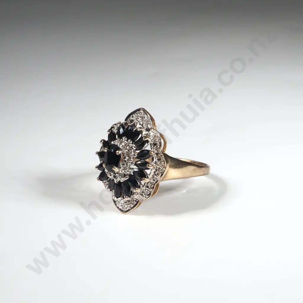 9ct Yellow Gold Three Tier Diamond & Sapphire Cluster Ring. Valuation Available Image 1++