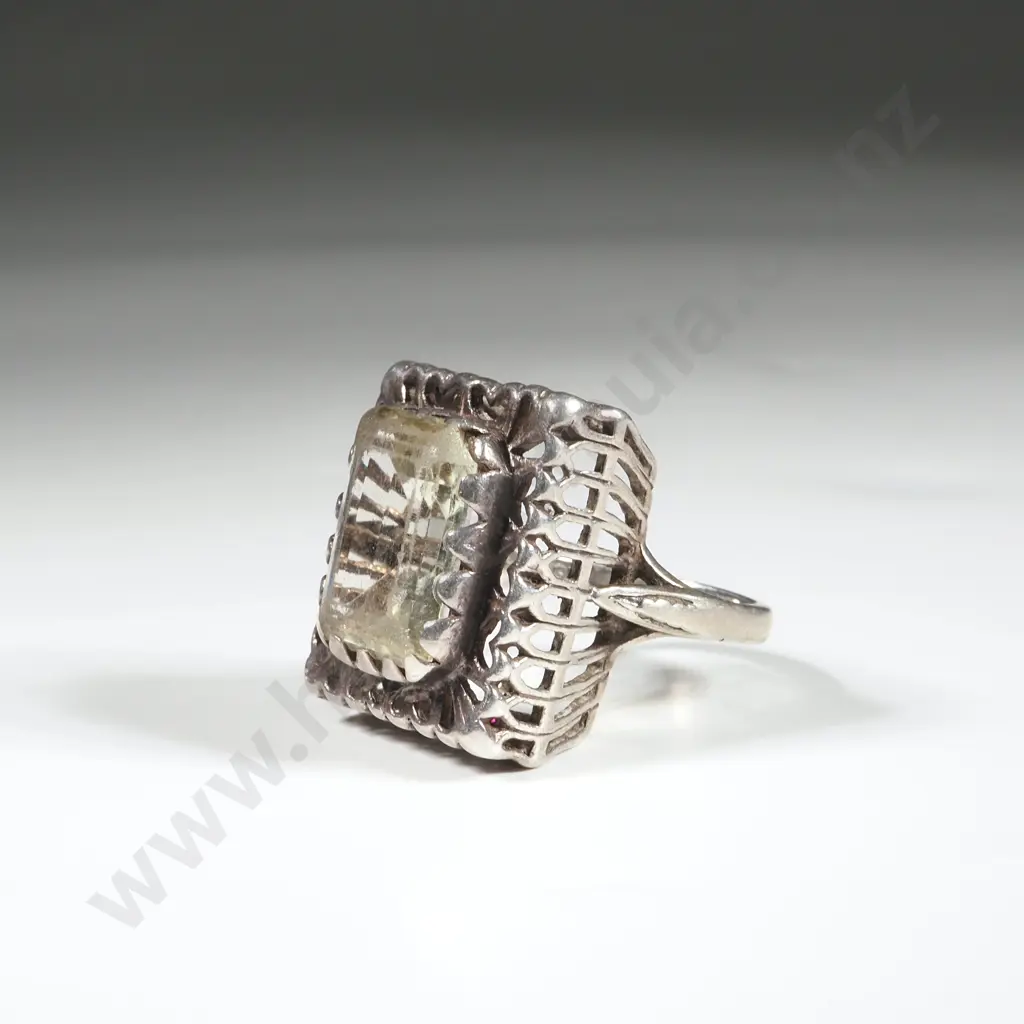 Large Sterling Silver Emerald Cut Stone Ring In A Heavy Square Filigree Setting Image 1++
