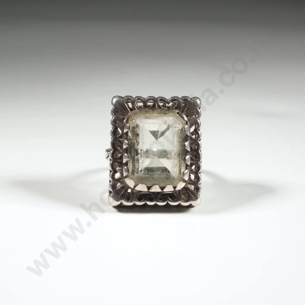 Large Sterling Silver Emerald Cut Stone Ring In A Heavy Square Filigree Setting Image 1++
