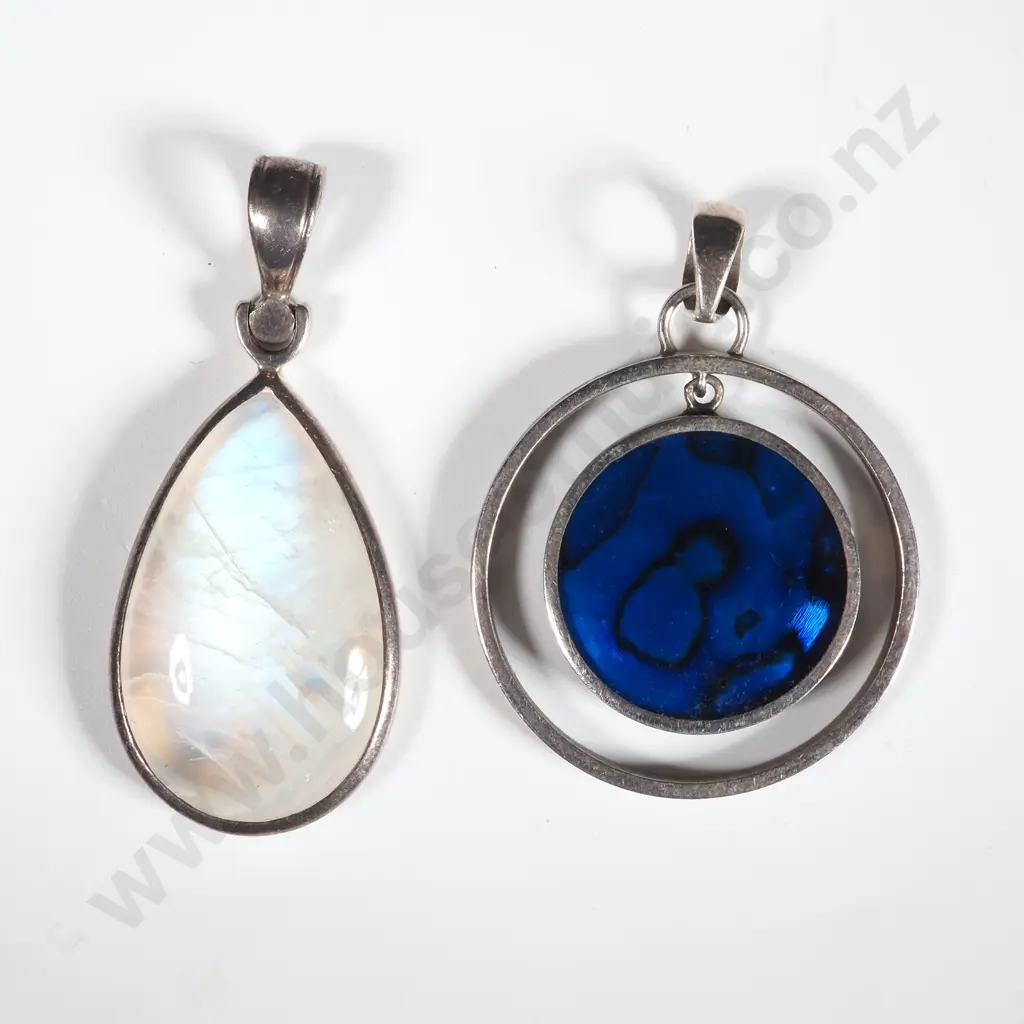 Two Coloured Stone Pendants with Sterling Silver Mounts - One A Rainbow Moonstone? & The Other Possibly Paua Shell Image 1++