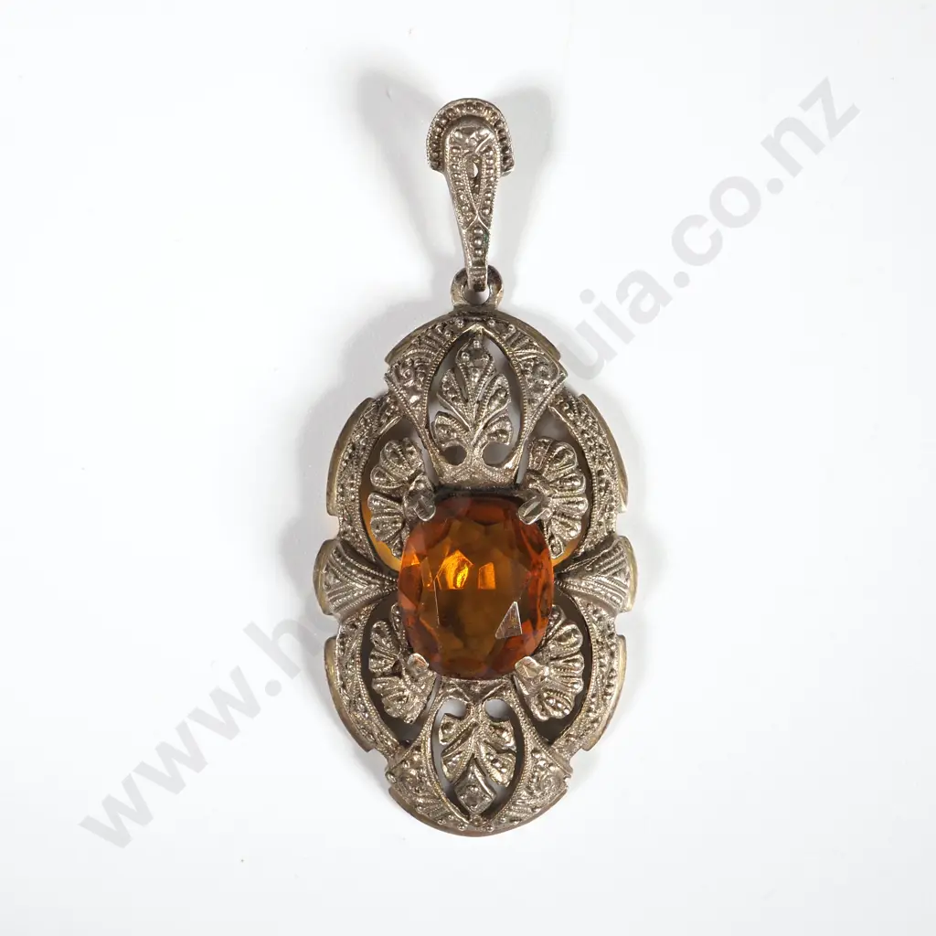 Amber Coloured Pendant Necklace In A Filigree Setting Image 1++