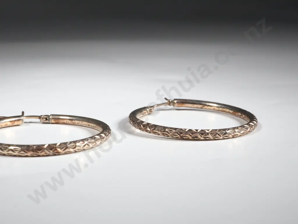 Pair Of Sterling Silver Hoop  Earrings with Engraved Rims Image 1++