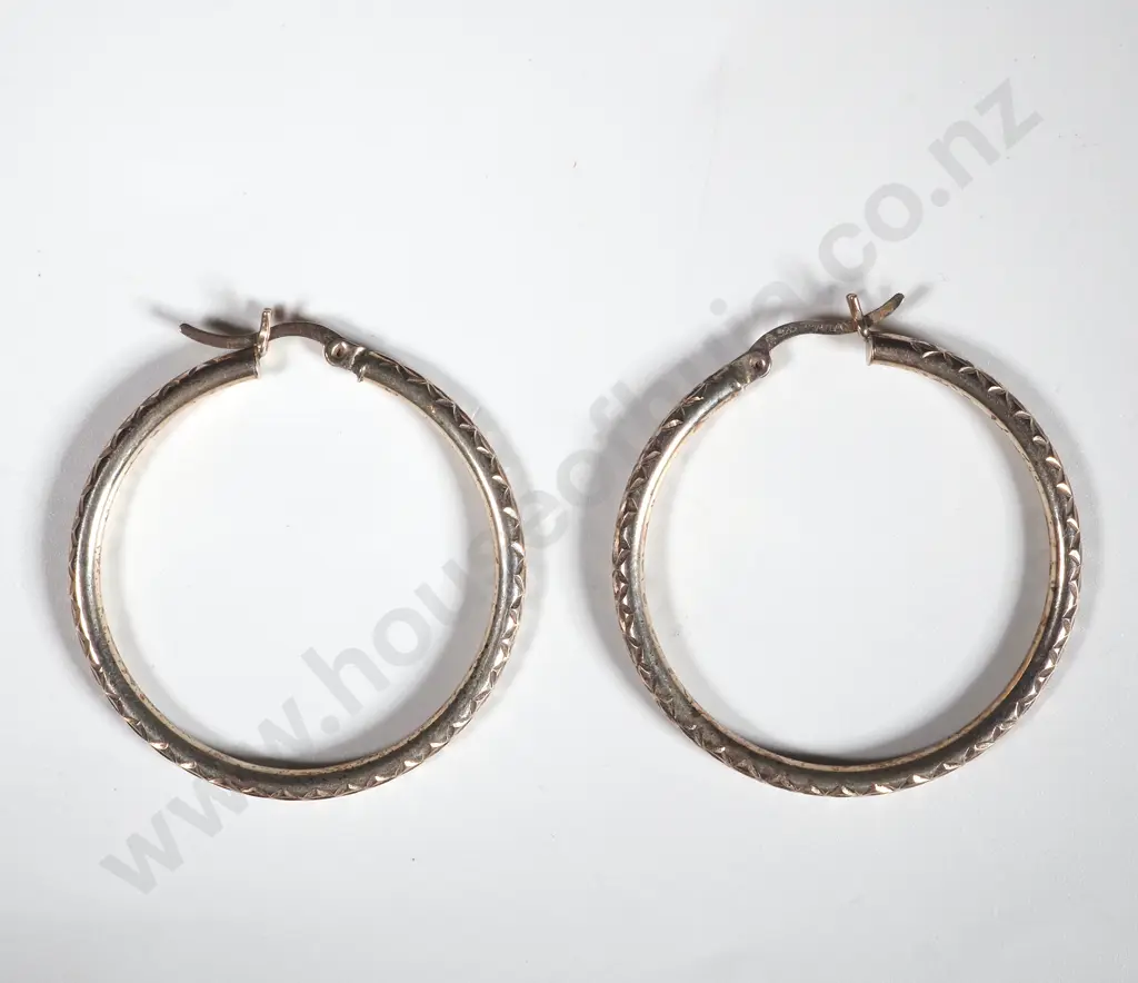 Pair Of Sterling Silver Hoop  Earrings with Engraved Rims Image 1++