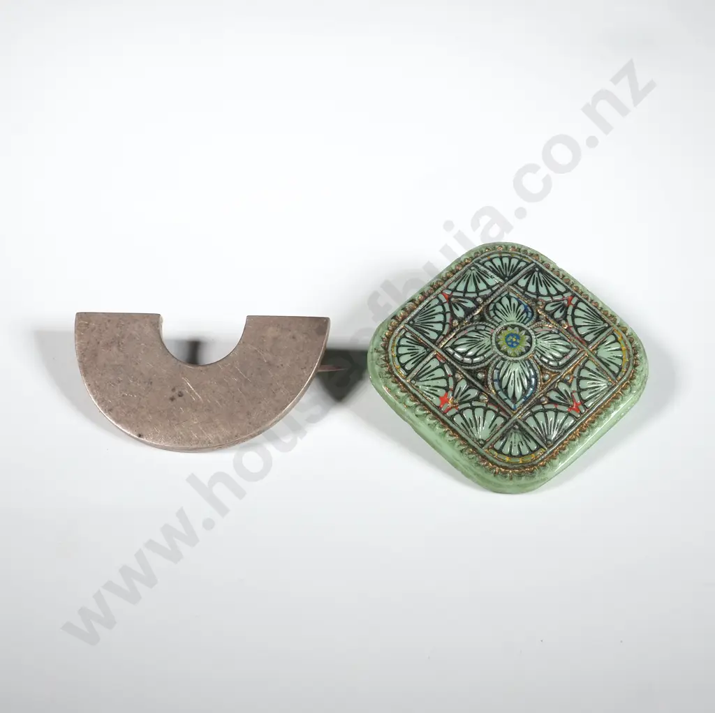 Sterling Silver Half Moon Shaped Brooch. Marked 925 & A MInt Green Pressed Glass Art Deco Brooch Image 1++