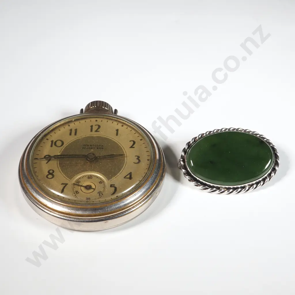 Vintage Westclox Pocketwatch & Greenstone Brooch Image 1++