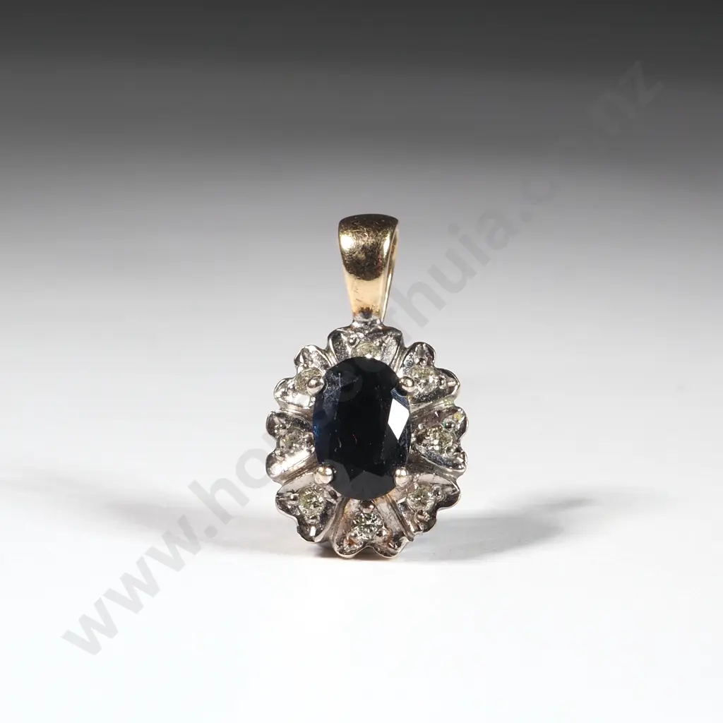 Small  9ct Oval Sapphire & Diamond Pendant Image 1++